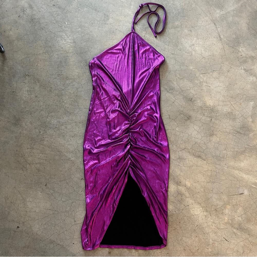 FLEUR DU MAL 💜 ruched draped liquid halter dress NWOT